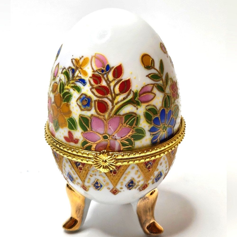 Vintage Porcelain Egg Shaped Hinged Trinket Box Multi Color Floral Gold Footed